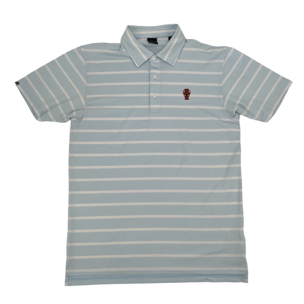 Dunning Golf Blue White Striped Collared Short Sleeve Polo Shirt Size Large Mens